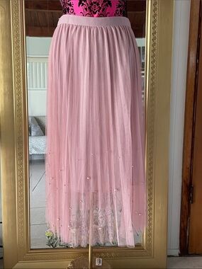 Light Pink Pearl-Embellished Maxi Tulle Skirt